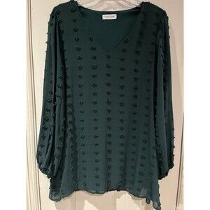 First Love by Lovelyn Dark Green Long Sleeve Polka Dot Flowy Blouse Size Large